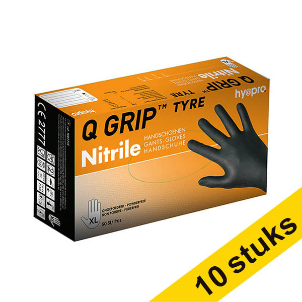 HY@PRO Aanbieding: 10x HY@PRO Q Grip Tyre Nitril handschoenen XL poedervrij zwart (24 cm, 50 stuks)  SHY00161 - 1