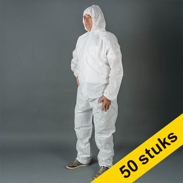 Aanbieding: 50x HY@PRO Non-woven PE coated antistatische coverall met capuchon XL wit (1 stuk) SHY00806 - 1