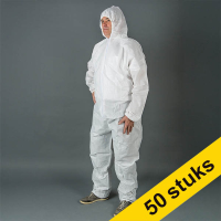 Aanbieding: 50x HY@PRO Non-woven coverall met rits en capuchon L wit (1 stuk)