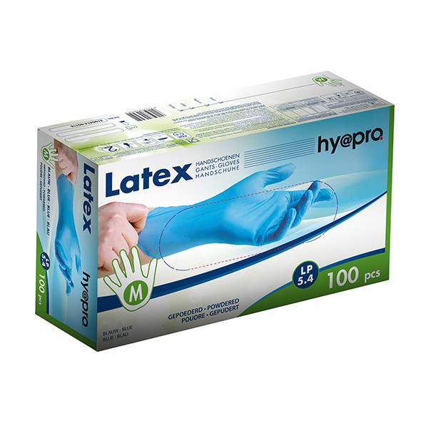 HY@PRO Latex handschoenen M gepoederd blauw (5,4 gram, 24 cm, 100 stuks) SHY00198 HY@PRO Latex handschoenen M gepoederd blauw (5,4 gram, 24 cm, 100 stuks) SHY00198 - 1