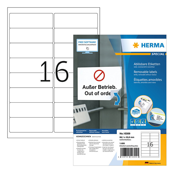Herma 10309 verwijderbare etiketten A4 99,1 x 33,8 mm wit (1600 etiketten) 10309 230612 - 1