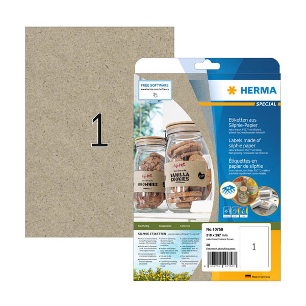 Herma 10758 gerecyclede universele etiketten A4 210 x 297 mm natuurlijk bruin (20 etiketten) 10758 230844 - 1