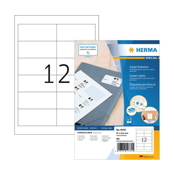 Herma 10781 inkjet etiketten A4 97 x 42,3 mm wit (960 etiketten) 10781 230826 - 1