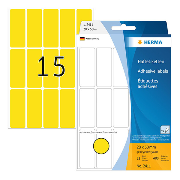 Herma 2411 multifunctionele etiketten 20 x 50 mm geel (480 etiketten) 2411 230673 - 1