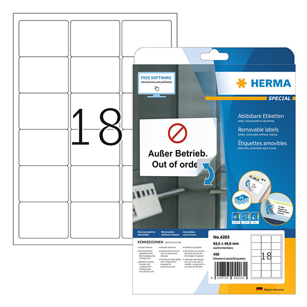 Herma 4203 verwijderbare etiketten A4 63,5 x 46,6 mm wit (450 etiketten) 4203 230645 - 1