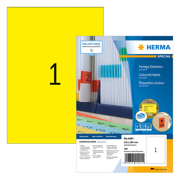 Herma 4401 permanent hechtende etiketten A4 210 x 297 mm geel (100 etiketten) 4401 230485 - 1