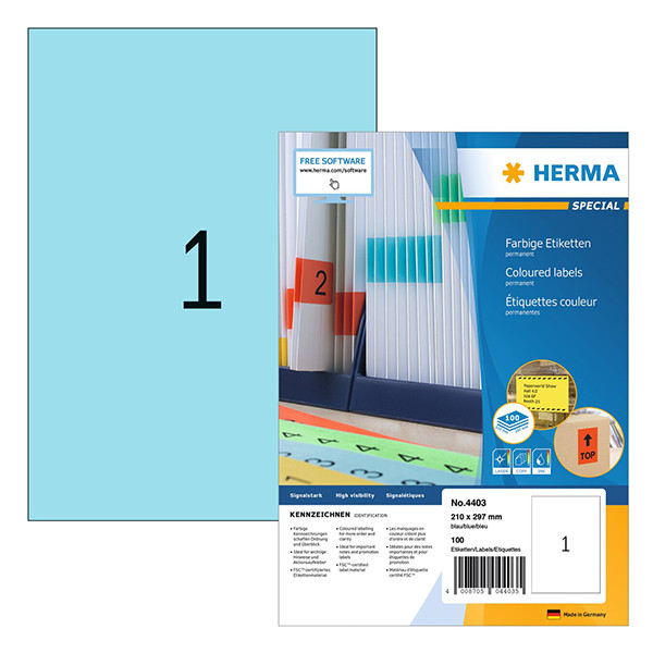 Herma 4403 permanent hechtende etiketten A4 210 x 297 mm blauw (100 etiketten) 4403 230791 - 1