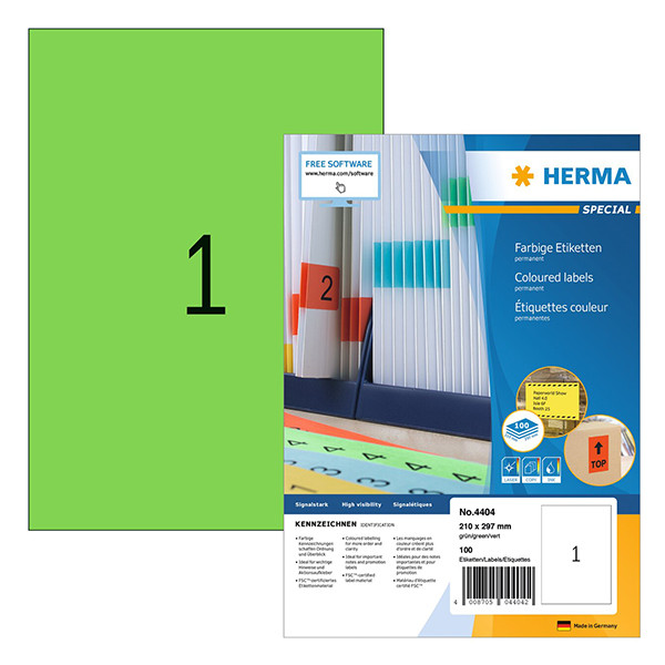 Herma 4404 permanent hechtende etiketten A4 210 x 297 mm groen (100 etiketten) 4404 230792 - 1