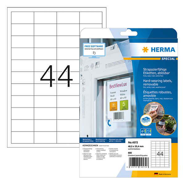 Herma 4572 verwijderbare weerbestendige folie etiketten A4 48,3 x 25,4 mm wit (880 etiketten) 4572 230511 - 1