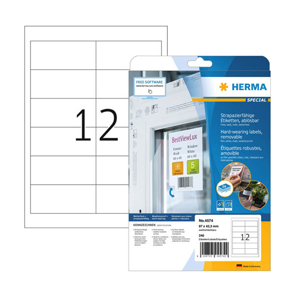 Herma 4574 verwijderbare weerbestendige folie etiketten A4 97 x 42,3 mm wit (240 etiketten) 4574 230855 - 1