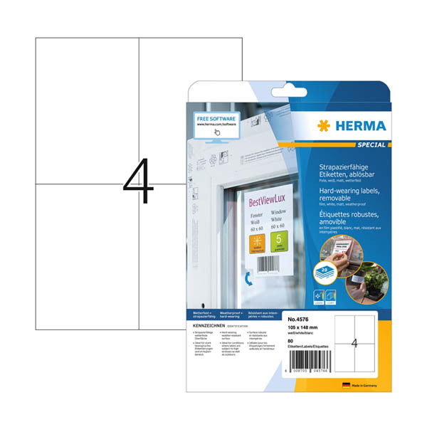 Herma 4576 verwijderbare weerbestendige folie etiketten A4 105 x 148 mm wit (80 etiketten) 4576 230852 - 1