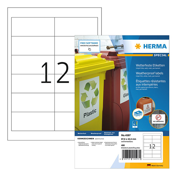 Herma 4597 weerbestendige inkjet etiketten A4 97 x 42,3 mm wit (480 etiketten) 4597 230746 - 1