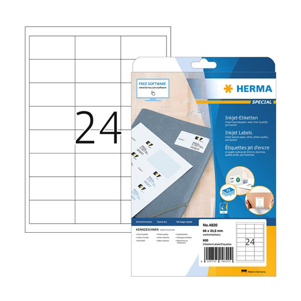 Herma 4820 inkjet etiketten A4 66 x 33,8 mm wit (600 etiketten) 4820 230821 - 1