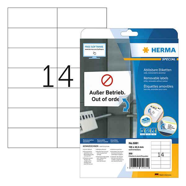 Herma 5081 verwijderbare etiketten A4 105 x 42,3 mm wit (350 etiketten) 5081 230631 - 1