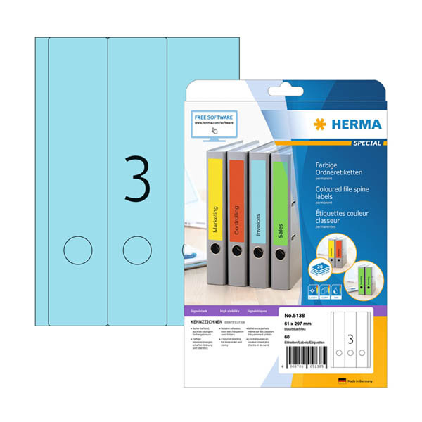 Herma 5138 printbare rugetiketten 61 x 297 mm A4 zelfklevend breed blauw (60 etiketten) 5138 230875 - 1