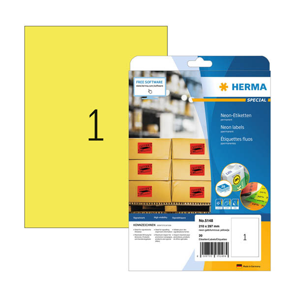 Herma 5148 universele etiketten A4 210 x 297 mm neon geel (20 etiketten) 5148 230867 - 1
