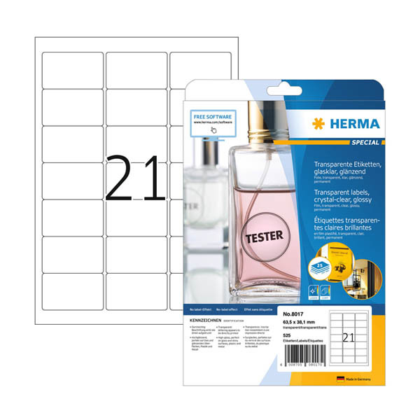 Herma 8017 transparante etiketten A4 glashelder 63,5 x 38,1 mm (525 etiketten) 8017 230860 - 1