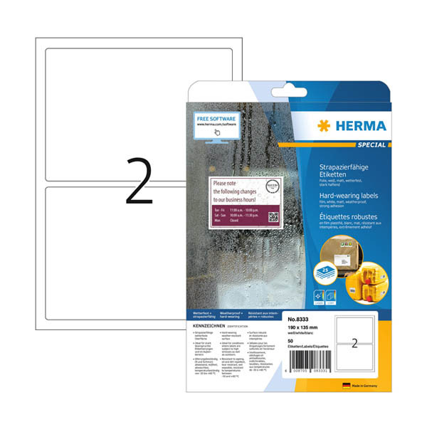 Herma 8333 weerbestendige folie etiketten A4 190 x 135 mm wit (50 etiketten) 8333 230900 - 1