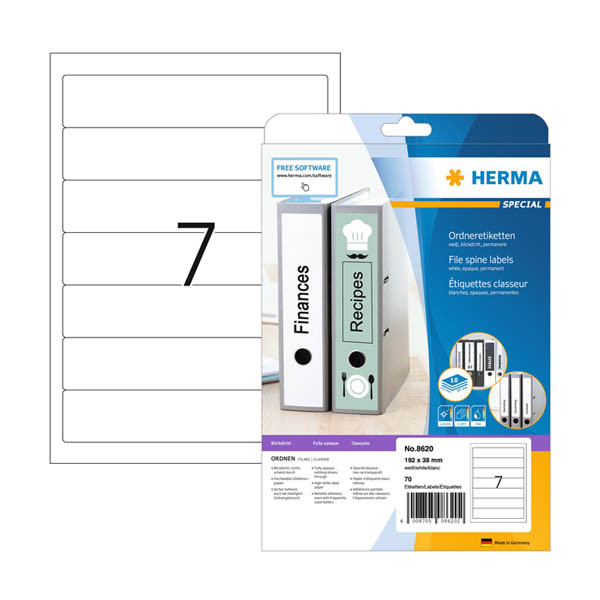 Herma 8620 printbare rugetiketten 38 x 192 mm A4 zelfklevend smal wit (70 etiketten) 8620 230873 - 1