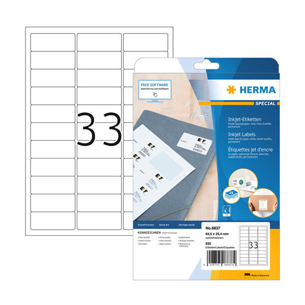 Herma 8837 inkjet etiketten A4 63,5 x 25,4 mm wit (825 etiketten) 8837 230820 - 1