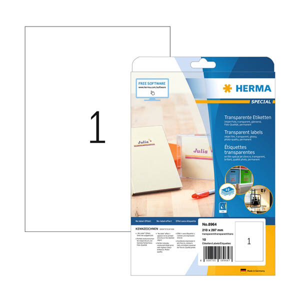 Herma 8964 inkjet folie etiketten A4 210 x 297 mm transparant (10 etiketten) 8964 230915 - 1