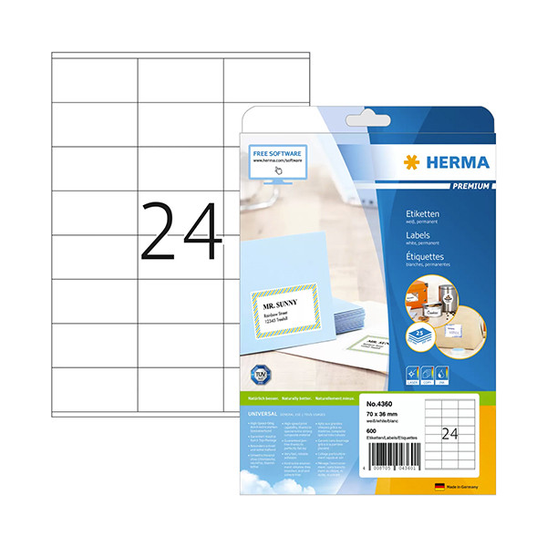 Herma Premium 4360 permanent hechtende etiketten 70 x 36 mm wit (600 etiketten) 4360 238357 - 1