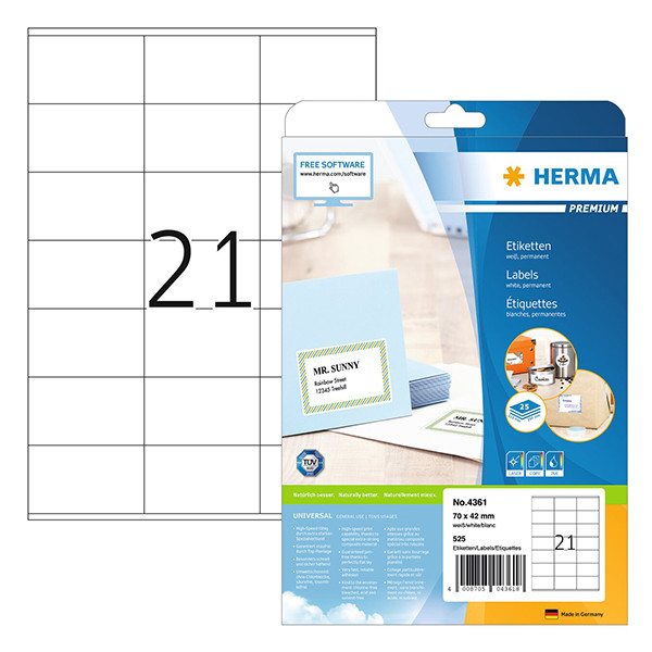 Herma Premium 4361 permanent hechtende etiketten A4 70 x 42 mm wit (525 etiketten) 4361 230597 - 1