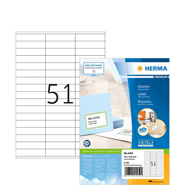 Herma Premium 4459 permanent hechtende etiketten A4 70 x 16,9 mm wit (5.100 etiketten) 230498 - 1