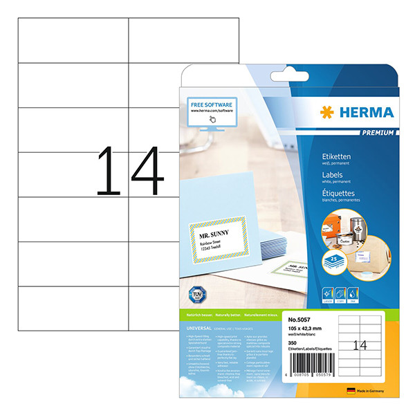 Herma Premium 5057 permanent hechtende etiketten A4 105 x 42,3 mm wit (350 etiketten) 5057 230587 - 1