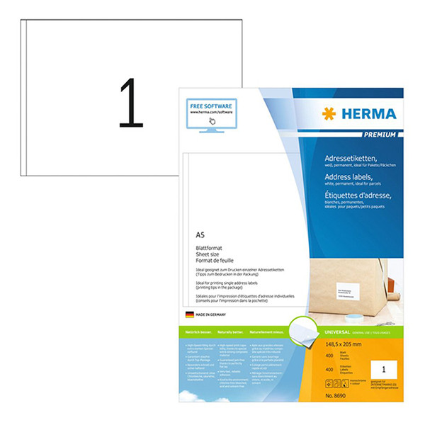 Herma Premium 8690 permanent hechtende etiketten 205 x 148,5 mm wit (400 etiketten) 8690 230415 - 1