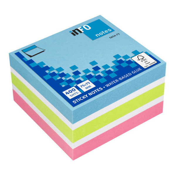 Info Notes zelfklevende notes kubus felle kleuren mix 75 x 75 mm (400 vel) 303221 - 1