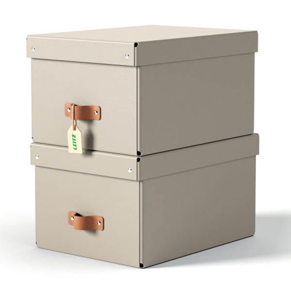 Leitz Puro medium opbergdoos karton met leren handvaten beige (2 stuks) 213455 - 1