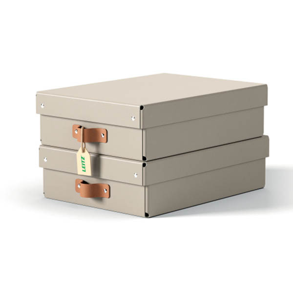 Leitz Puro medium opbergdoos karton met leren handvaten laag beige (2 stuks) 213451 - 1