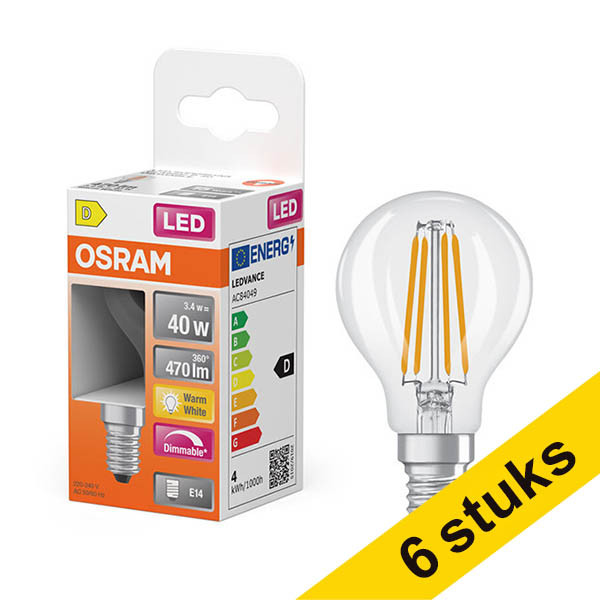 Aanbieding: 6x Osram LED lamp E14 | Kogel P45 | Filament | Helder | 2700K | Dimbaar | 3.4W (40W) LOS01874 - 1