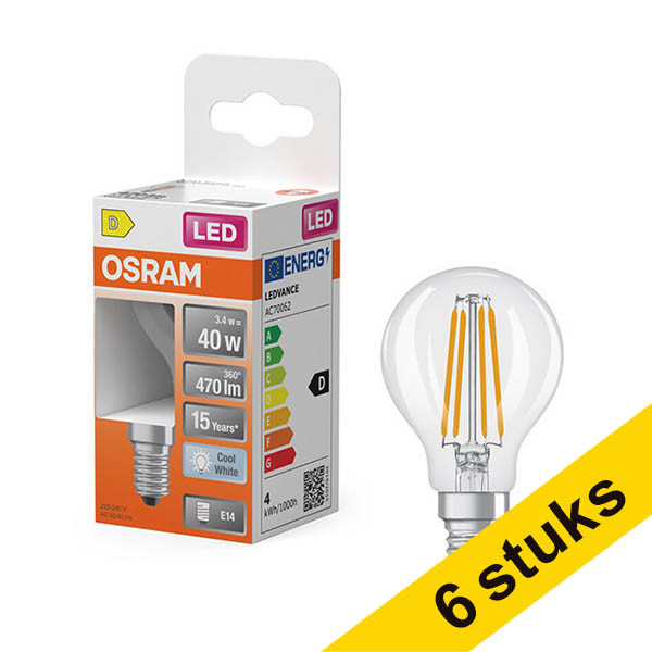 Aanbieding: 6x Osram LED lamp E14 | Kogel P45 | Filament | Helder | 4000K | 3.4W (40W) LOS02169 - 1