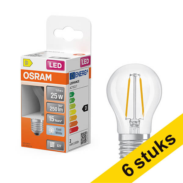 Aanbieding: 6x Osram LED lamp E27 | Kogel P45 | Filament | Helder | 4000K | 1.8W (25W) LOS02163 - 1