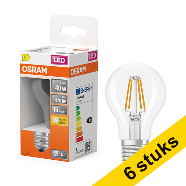 Aanbieding: 6x Osram LED lamp E27 | Peer A60 | Filament | Helder | 2700K | 3.4W (40W) LOS01824 - 1