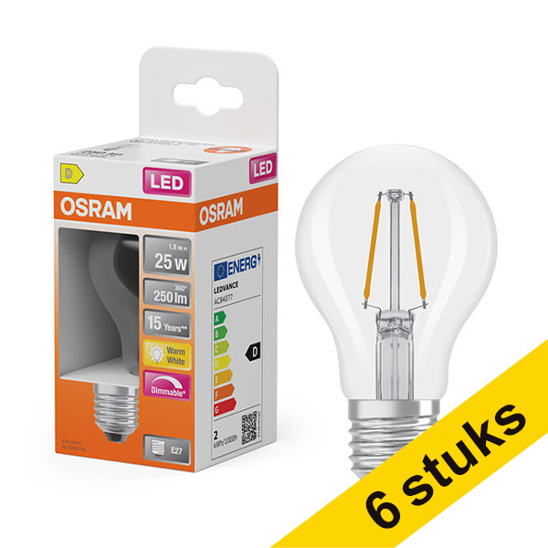 Aanbieding: 6x Osram LED lamp E27 | Peer A60 | Filament | Helder | 2700K | Dimbaar | 1.8W (25W) LOS01806 - 1