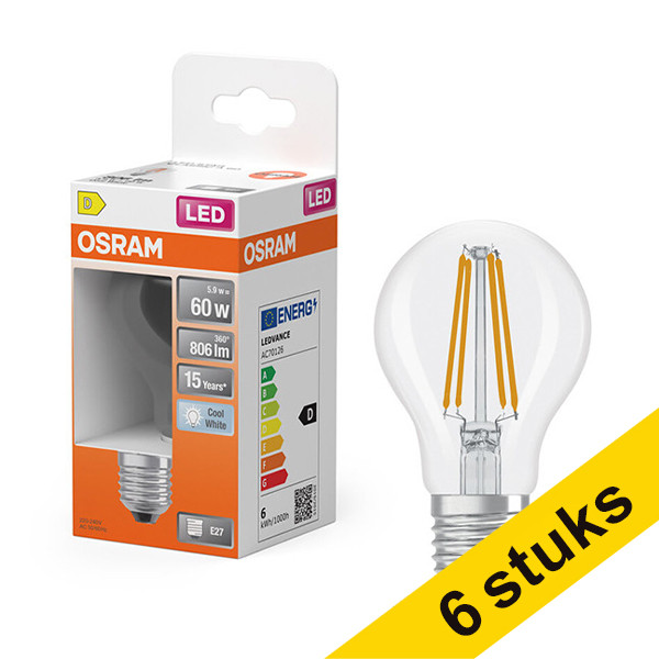Aanbieding: 6x Osram LED lamp E27 | Peer A60 | Filament | Helder | 4000K | 5.9W (60W) LOS01830 - 1
