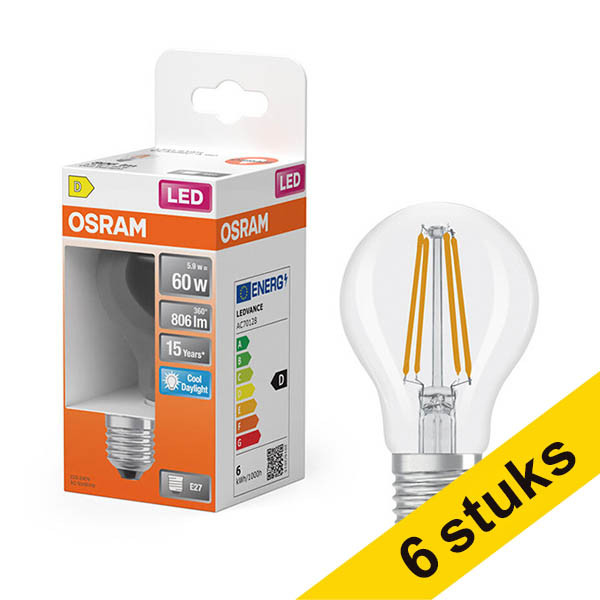 Aanbieding: 6x Osram LED lamp E27 | Peer A60 | Filament | Helder | 6500K | 5.9W (60W) LOS02123 - 1