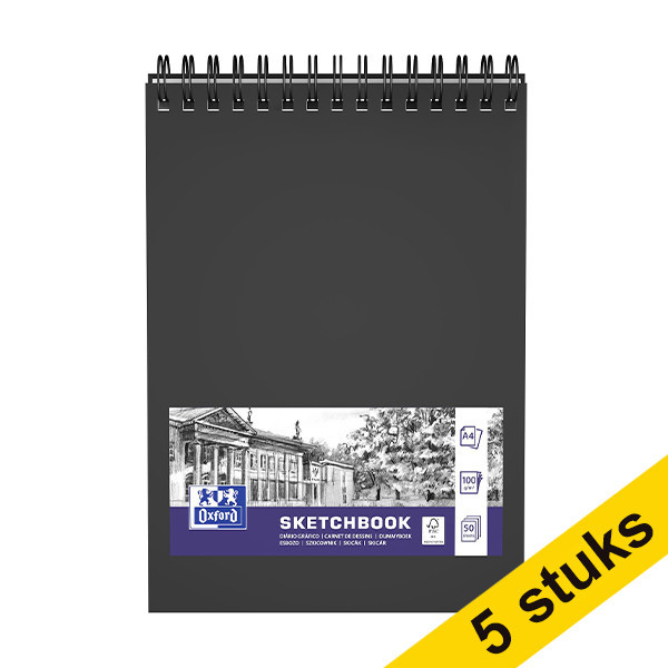 Aanbieding: 5x Oxford schetsboek hardcover spiraal A4 100 grams zwart (50 vel) 237652 - 1