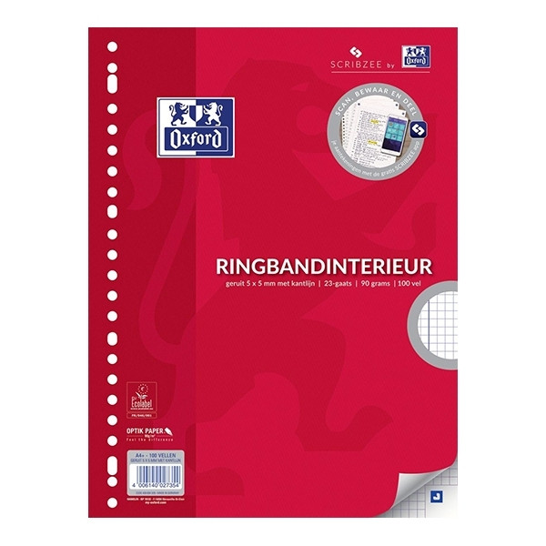 Oxford ringbandpapier A4+ 5 mm ruit 90 grams 100 vel (23-rings) 400094329 260072 - 1