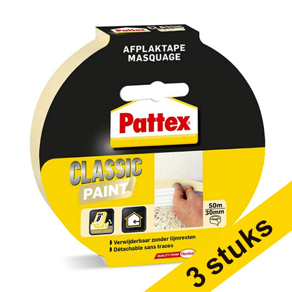 Aanbieding: 3x Pattex Classic Paint afdekplakband 30 mm x 50 m Classic crème 206274 - 1