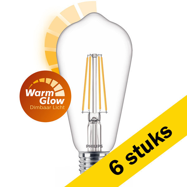Aanbieding: 6x Philips LED lamp | WarmGlow | E27 | Edison | Filament | 2200-2700K | 5.9W (60W) LPH02540 - 1