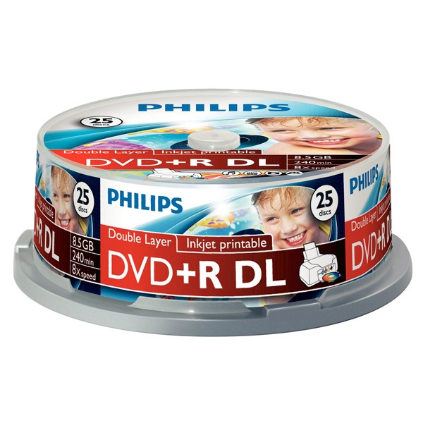 Voorloper Oogverblindend Bij zonsopgang Philips DVD+R double layer printable 25 stuks in cakebox Philips 123inkt.nl