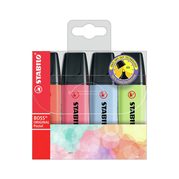 Stabilo BOSS Pastel markeerstiften (roze, rood, limoen, blauw) 206310 - 1