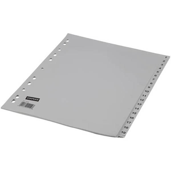 Staples grijze genummerde tabbladen A4 met 20 tabs  (11-gaats) 297956 - 1