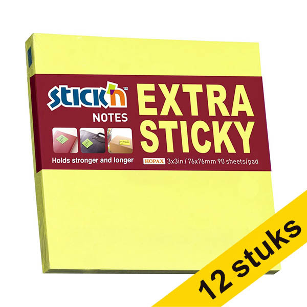 Aanbieding: 12x Stick'n extra sticky notes neongeel 76 x 76 mm (90 vel) 201719 - 1