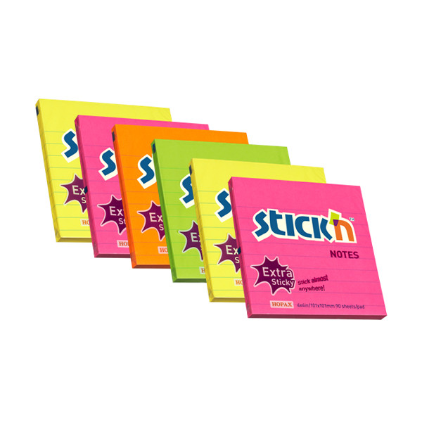 Stick'n memoblok extra sticky neon gelinieerd 101 x 101 mm (6 stuks) EH7672 201767 - 1