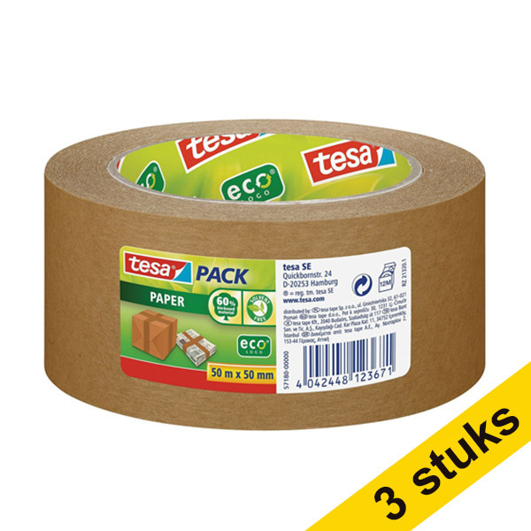 Tesa Aanbieding: 3x Tesa Eco verpakkingstape bruin papier 50 mm x 50 m (1 rol)  203304 - 1